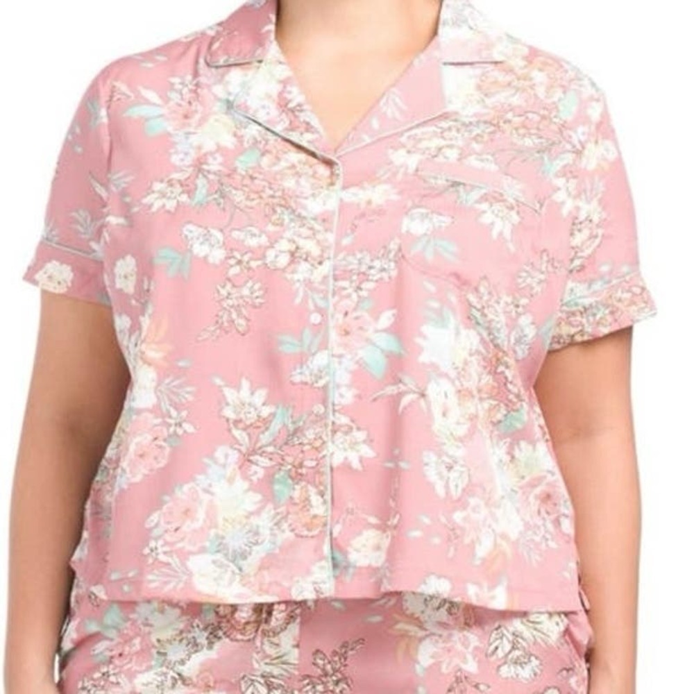 Cupcakes & Cashmere Pink Botanical Floral Notch Collar Pajama Top - Medium